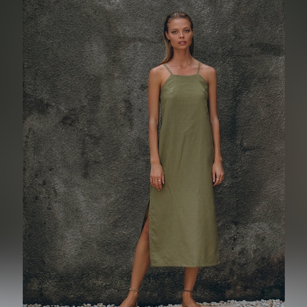 NWT Aura The Label Linen Midi Dress in Olive Size M